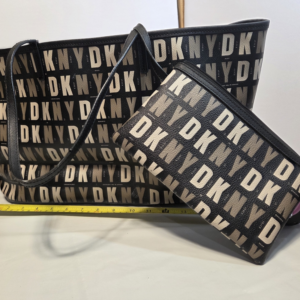DKNY Black and Beige Repeating Logo Tote with Matching Pouch